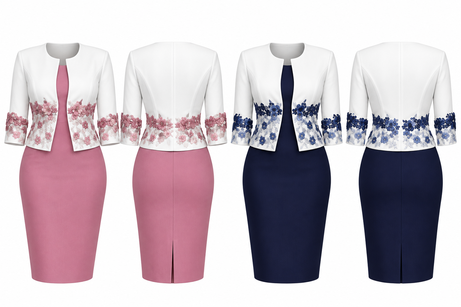 Elegant Women's Two-Piece Dress Set-Dusty Rose & Blue with White Floral Embroidered Jacket-CEL-NB:22 - Image 6