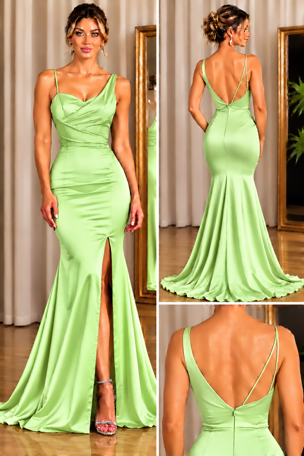 Elegant Mermaid Satin Evening Dress with Pleated Bodice & Front Slit - CEL-NB-65.2 - Image 10