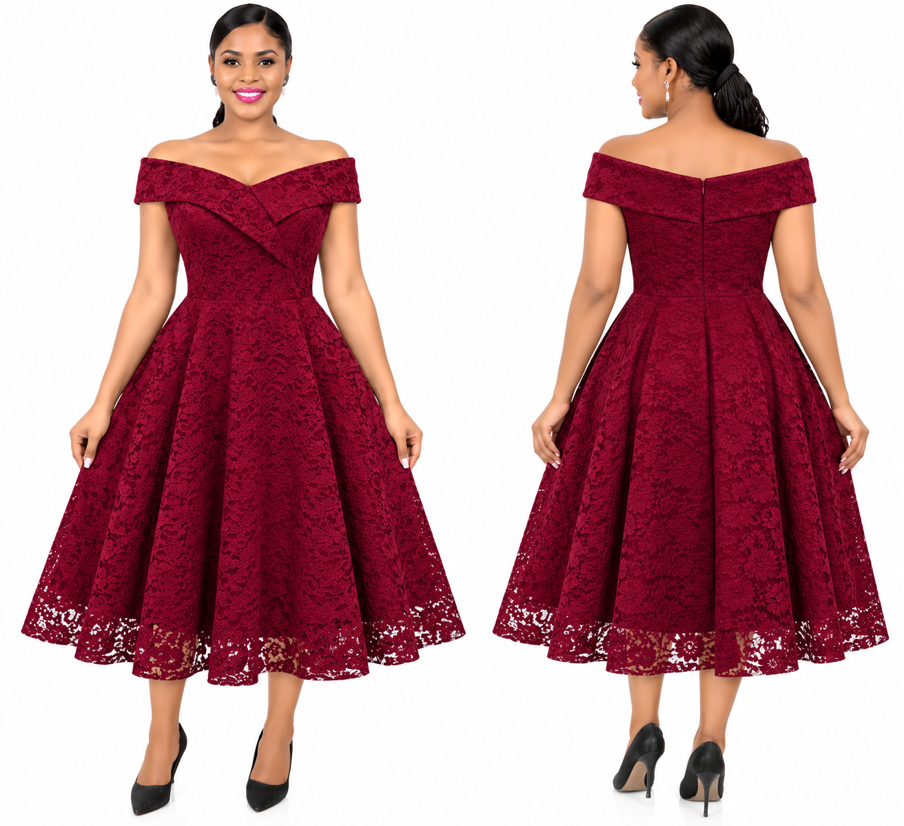 Elegant Floral Lace Off-Shoulder A-Line Midi Dress-CEL-NB:21.4 - Image 3