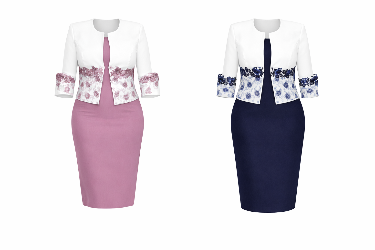Elegant Women's Two-Piece Dress Set-Dusty Rose & Blue with White Floral Embroidered Jacket-CEL-NB:22 - Image 3