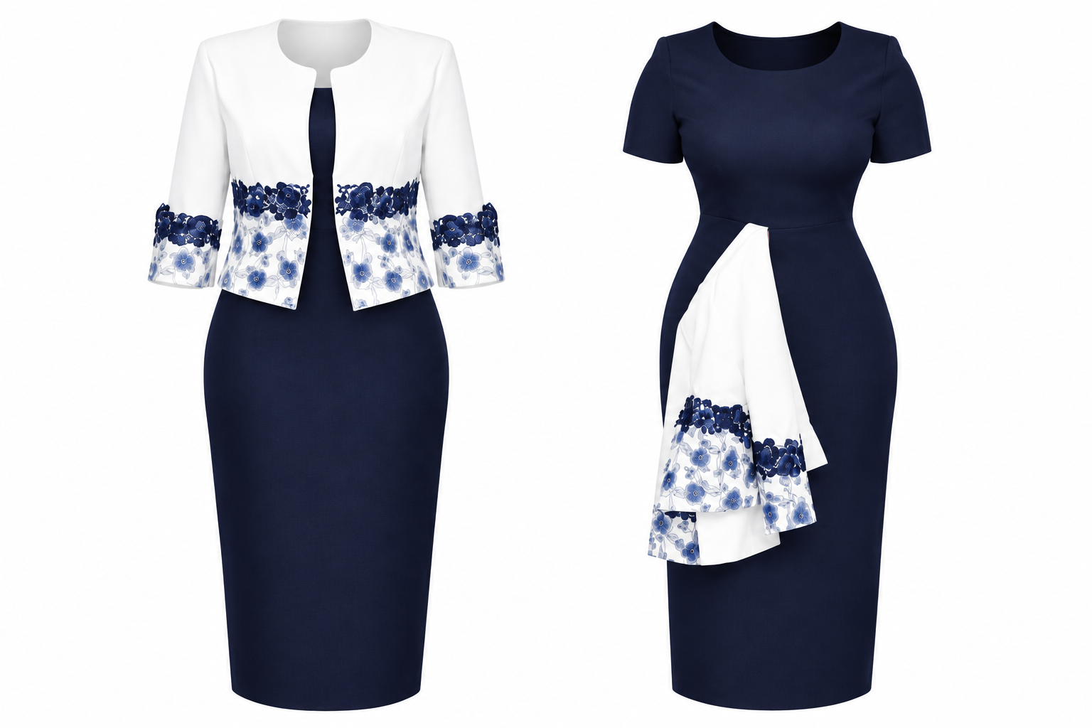 Elegant Women's Two-Piece Dress Set-Dusty Rose & Blue with White Floral Embroidered Jacket-CEL-NB:22 - Image 4