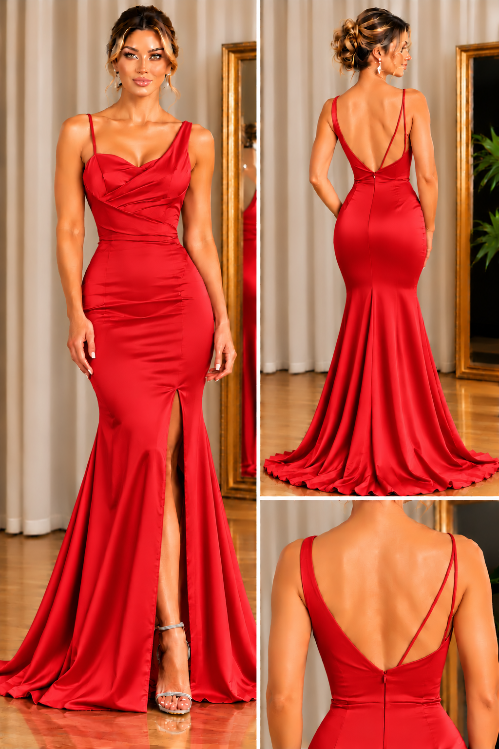 Elegant Mermaid Satin Evening Dress with Pleated Bodice & Front Slit - CEL-NB-65.2 - Image 4