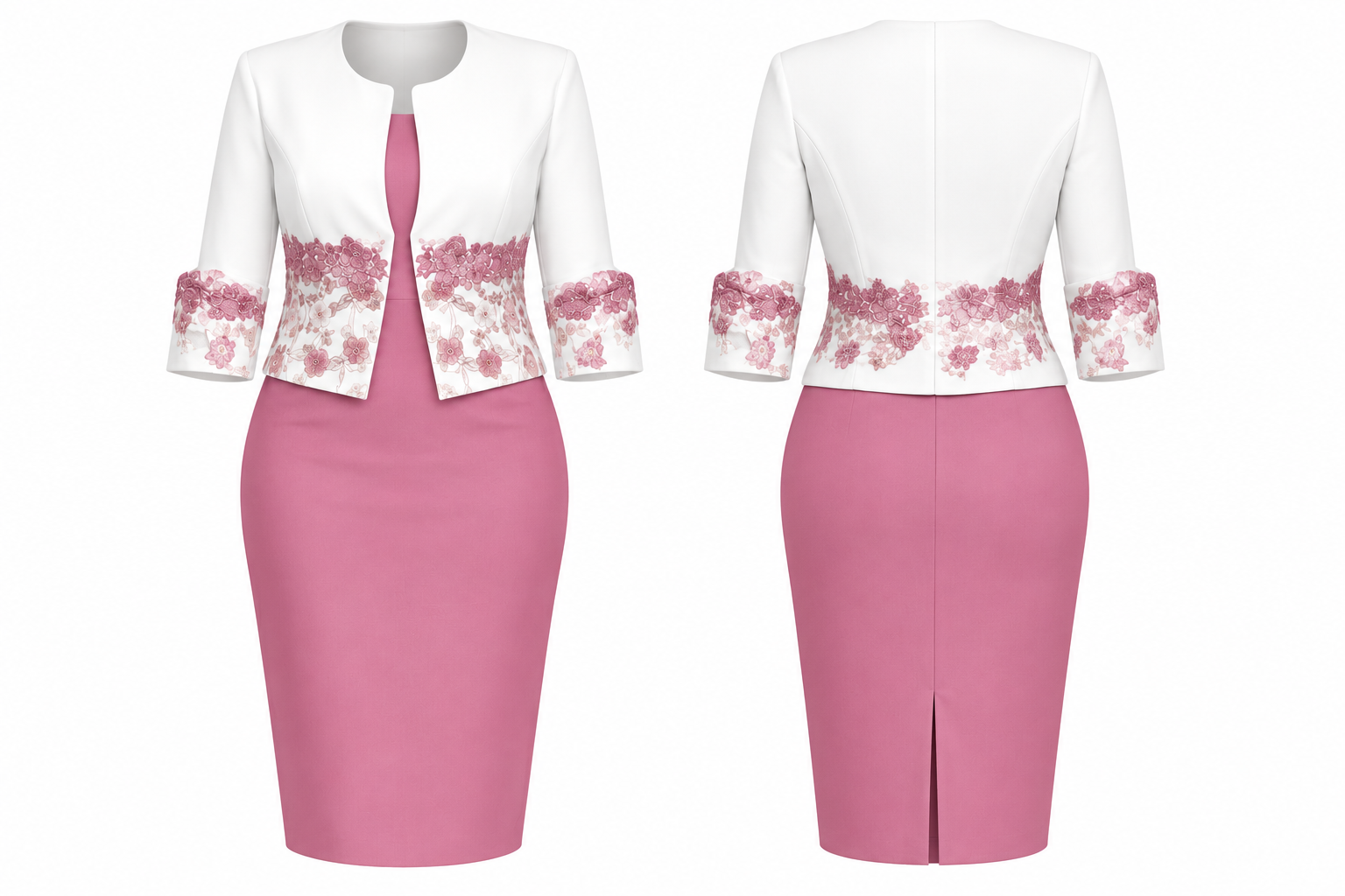 Elegant Women's Two-Piece Dress Set-Dusty Rose & Blue with White Floral Embroidered Jacket-CEL-NB:22 - Image 5
