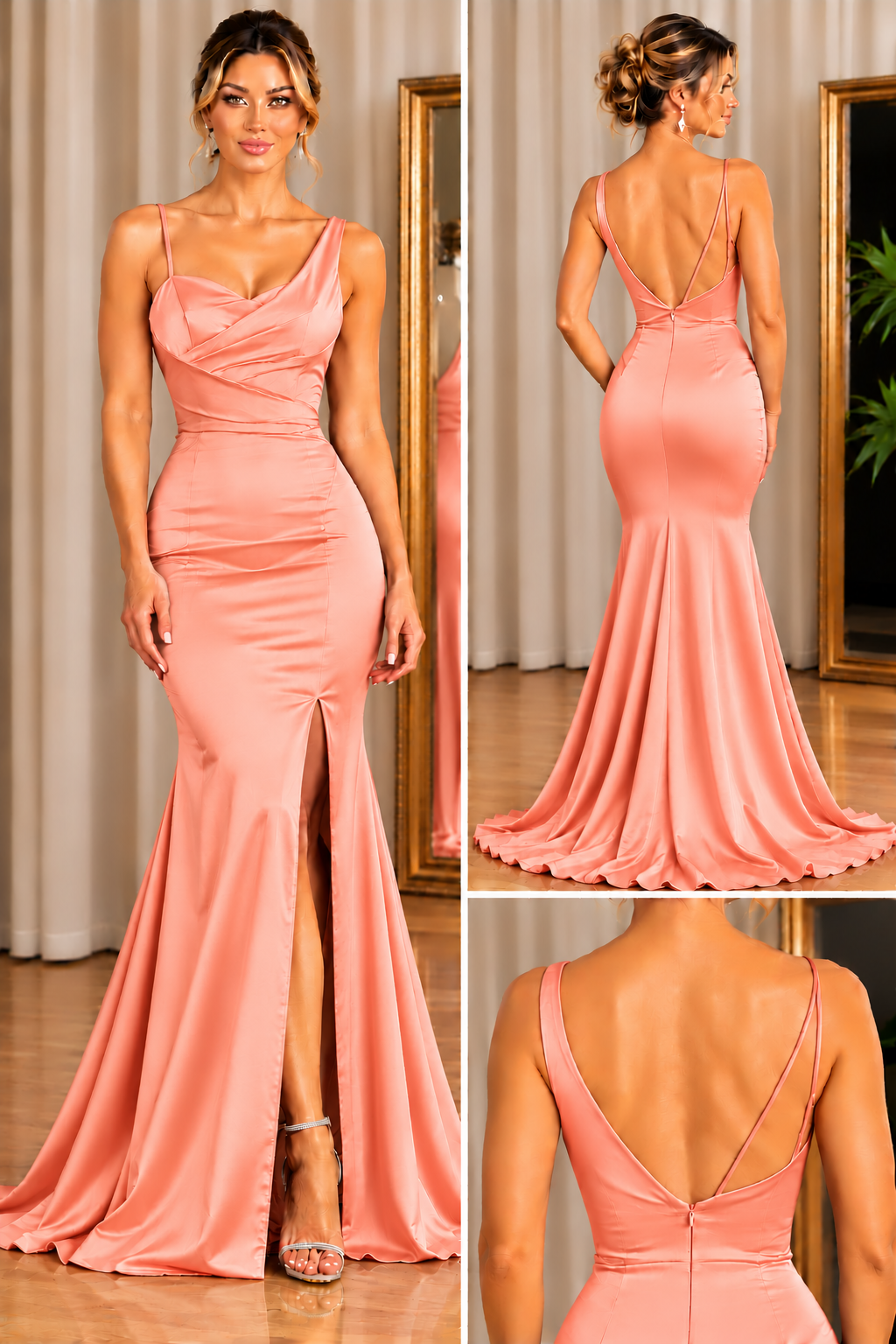 Elegant Mermaid Satin Evening Dress with Pleated Bodice & Front Slit - CEL-NB-65.2 - Image 5