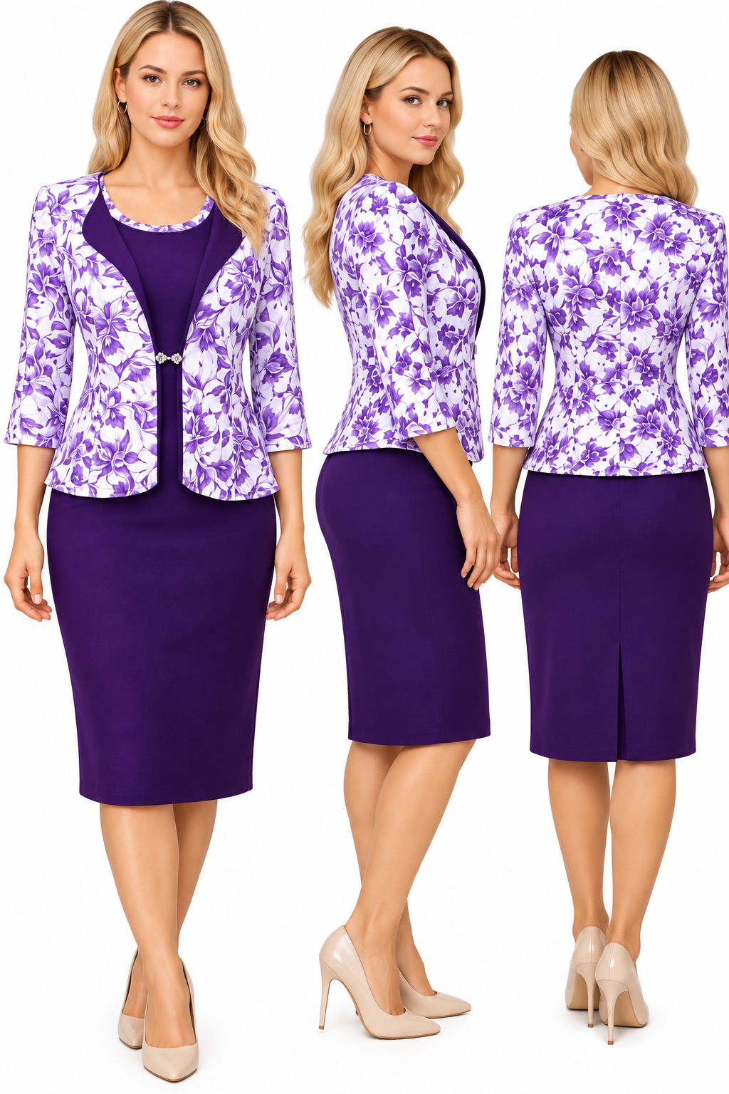 Elegant Women's Two-Piece Dress Set - White and Purple & Floral Jacket-CEL-NB:28 - Image 7