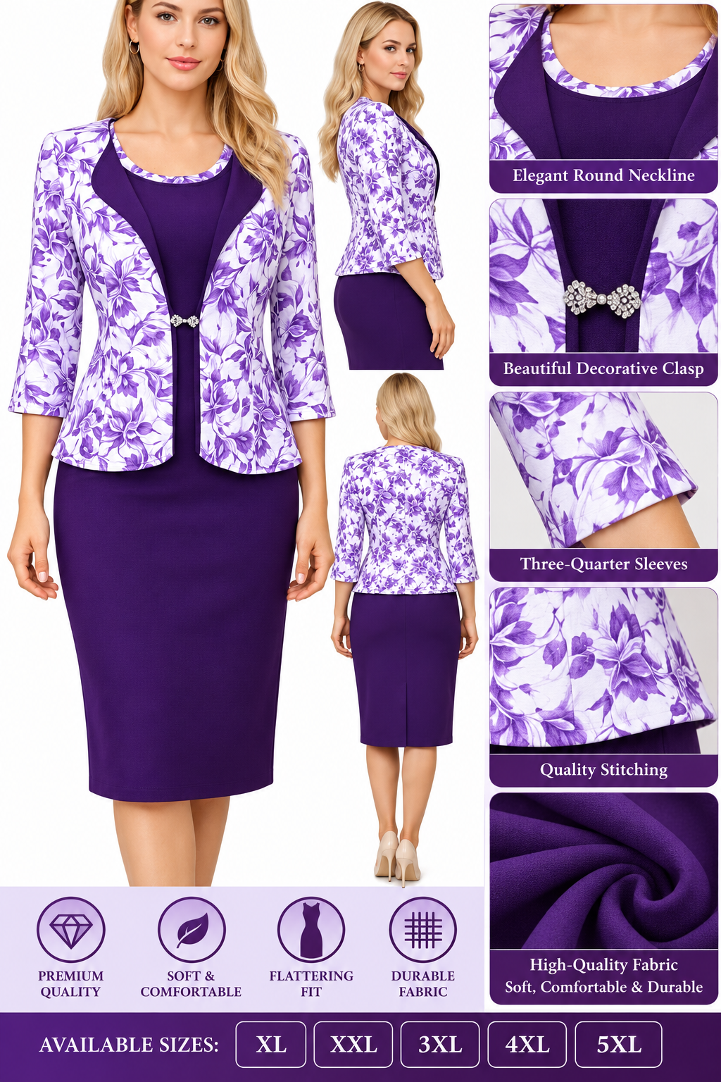 Elegant Women's Two-Piece Dress Set - White and Purple & Floral Jacket-CEL-NB:28 - Image 8